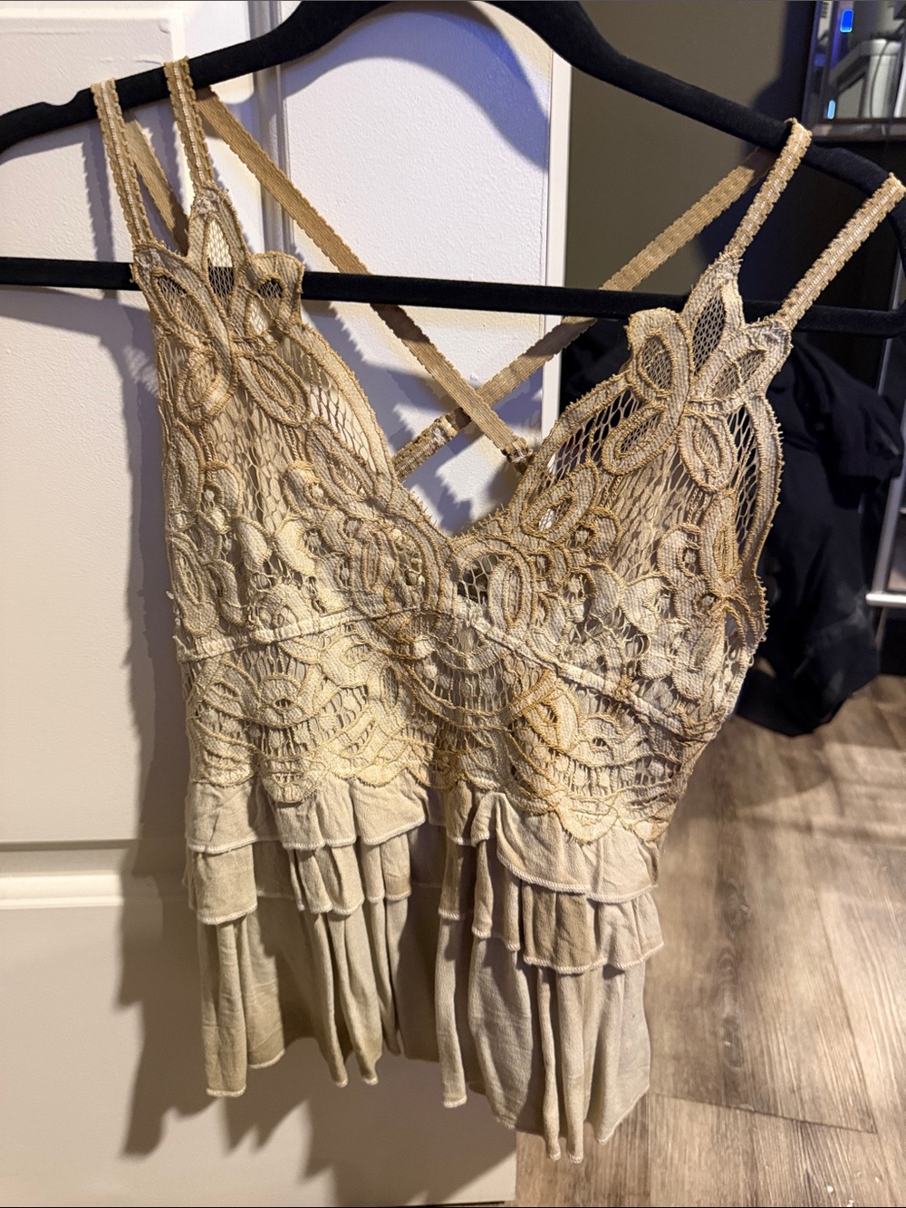 Free People Adella Cami Lace Trim Ruffled Camisole Cream